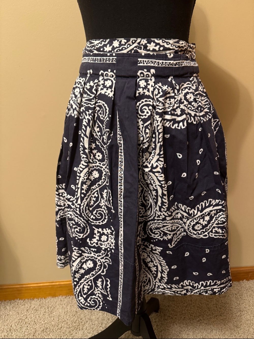 Navy and White Paisley A-Line Midi Skirt